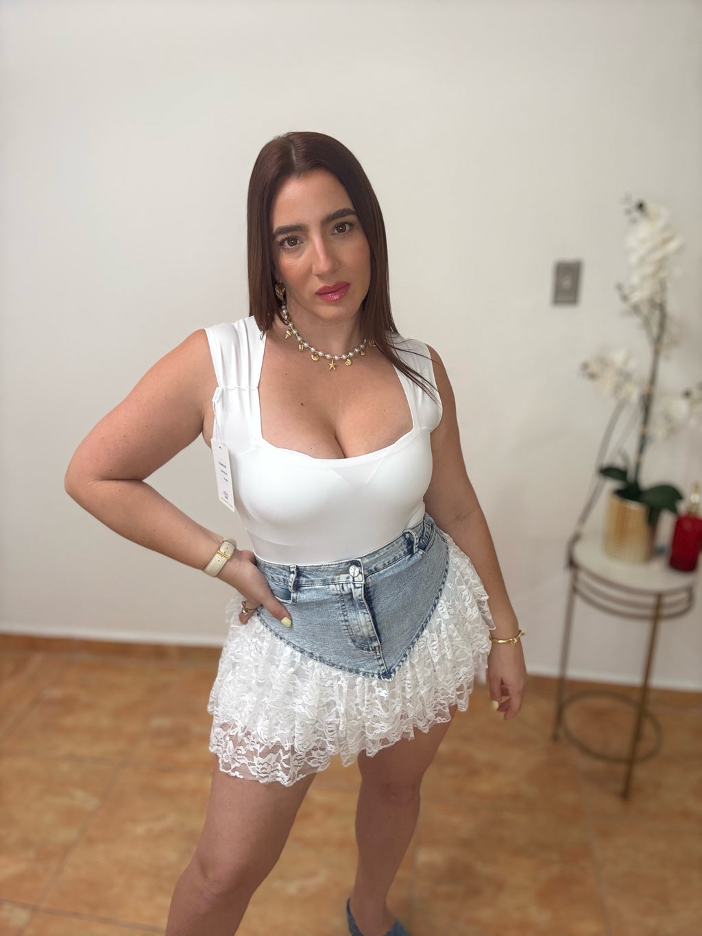 Lace Denim Skirt